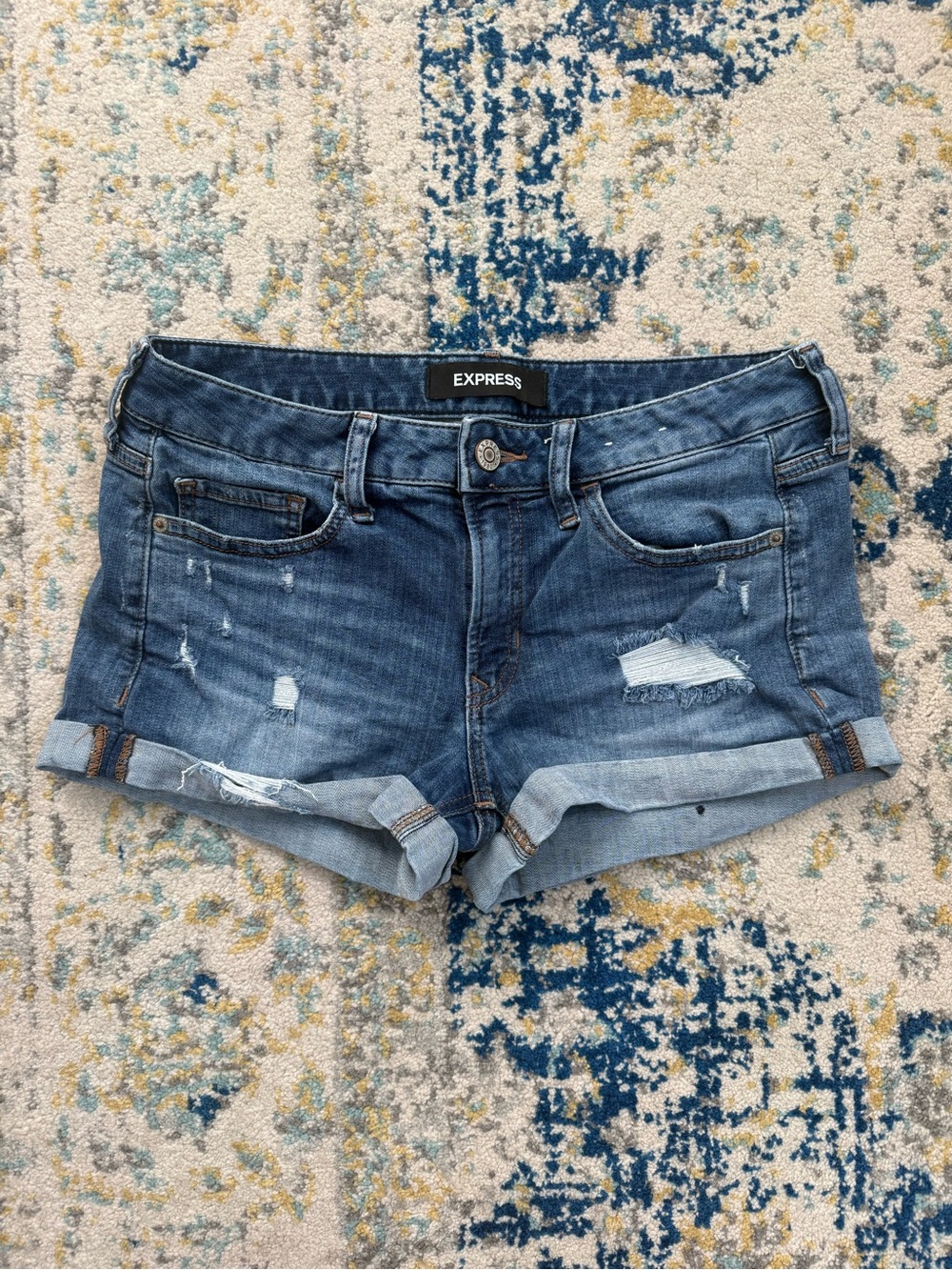 Express Blue Distressed Roll-Cuff Denim Shorts